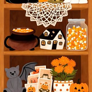 a book shelf filled with lots of halloween decorations and pumpkins on top of it Halloween Bookshelf Iphone saddle brown
