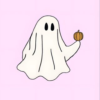 a ghost with a pumpkin in its hand Ios 16 Aesthetic Halloween Cute Ghost And Pumpkin Background, Iphone Pumpkin And Ghost, Ghost And Pumpkin Background, lavender blush