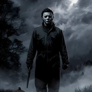 a man with a knife standing in front of a field full of pumpkins at night Halloween Movie Michael Myers Scary, Michael Myers Art, Scary Michael Myers, Mike Myers, dark slate gray