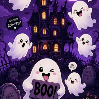 halloween poster with ghost and tombstones in front of a house Halloween Cartoon Hd midnight blue