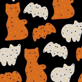a black background with orange and white dog shaped biscuits on it's sides, Halloween Cookie Aesthetic Halloween Pattern Background, Cute Halloween Pattern, Halloween Cat Themed, saddle brown