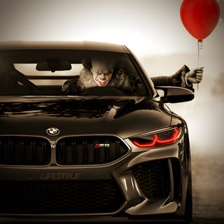 a clown riding in the back of a black car with a red balloon attached to it Bmw Halloween Bmw Joker, Bmw M5 Zeichnen, Bmw Horror, Bmw Srt8, Bmw Scary Look, dark slate gray