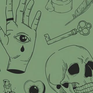 an image of various items that are drawn in black and yellow Aesthetic Sage Green Halloween Ouija Yellow Custom, Yellow Background Tattoo Art, Tattoo Flash, gray