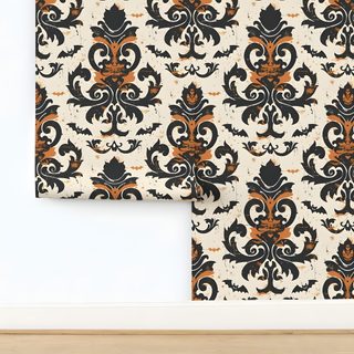 an orange and black pattern is on the wall next to a white frame with wood trim Halloween Trellis Ikat Custom gainsboro