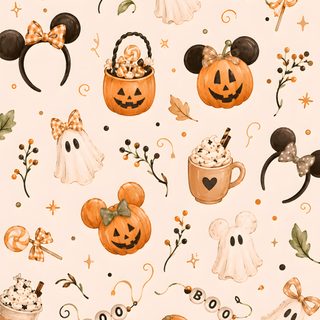the mickey mouse halloween wallpaper has pumpkins, ghost and other decorations on it Disney Halloween antique white