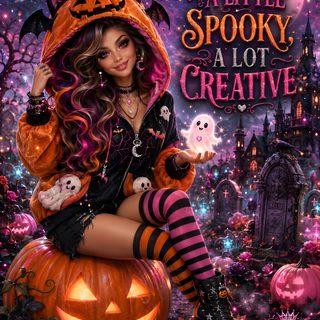 a woman sitting on top of a pumpkin in front of a graveyard with lots of halloween decorations Halloween Baddie dark slate gray