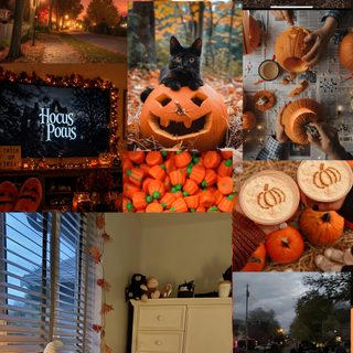 a collage of photos with pumpkins and other things Halloween Fall Aesthetic saddle brown