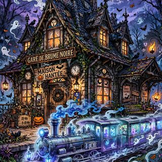 a painting of a train station with halloween decorations on the front and side, along with pumpkins Halloween Train dark slate gray