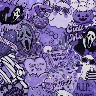 a purple background with lots of stickers and skulls on it's side, Purple Preppy Halloween Purple Aesthetic Cute Halloween, Scream Purple, Purple, Purple Scream,