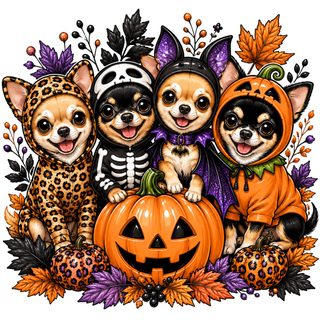 three chihuahuas in halloween costumes sitting next to each other with pumpkins and leaves around them Halloween Chihuahua peru