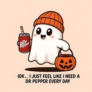 a cartoon ghost holding a can of dr pepper's halloween drink with the caption, idk i just feel like i need a dr pepper every day Dr Pepper Halloween Ghost With Dr Pepper, Easy Easy Dr Pepper Drawing, Ghost, blanched almond