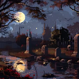 a painting of a cemetery at night with the moon in the sky and trees around it 8 Bit Halloween Dark Cottagecore Aesthetic, Halloween Desktop, Halloween Street, Pixel Art Background, black