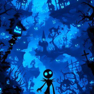 a cartoon character standing in front of a blue background with spooky houses and bats Blue Halloween Iphone Purple Background Spooky Art, Blue Spooky, Dark Blue Halloween,
