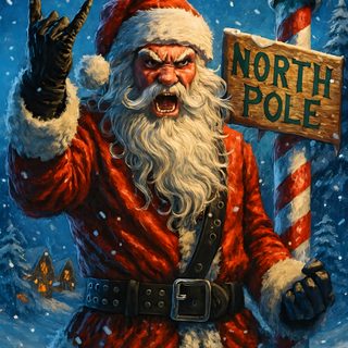 a painting of santa claus holding a north pole sign Halloween Santa Claus Christmas Horror Art, Christmas Horror, Grim Reaper Art, dark slate gray