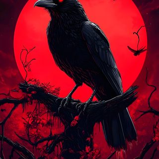 a black bird sitting on top of a tree branch in front of a red moon Halloween Raven Evil Raven, Black And Red Raven, Red Raven, Raven Bird, Crows With Red Moon Background,