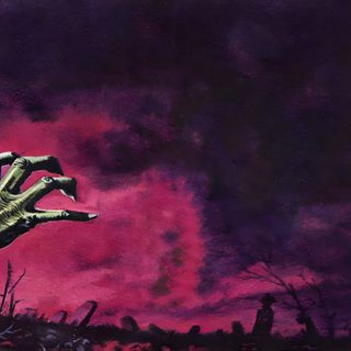 a painting of a zombie hand coming out of the ground with purple clouds in the background Zombie Halloween Spooky Desktop, Vintage Horror Desktop, Horror Pc, Spooky 1920x1080, dark slate gray