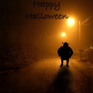 a person walking down a street at night with the words happy halloween written on it Halloween Shrek Shrek Halloween, Shrek, Happy Halloween, Halloween, Drawings, Movie Posters, black