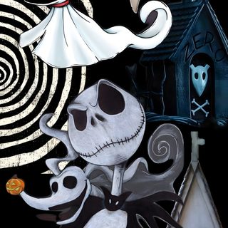 a halloween scene with jack skellingy, skeleton and ghost Zero Halloween Zero Jack Skellington, Zero Nightmare Before Christmas, Nightmare Before Christmas, dark slate gray