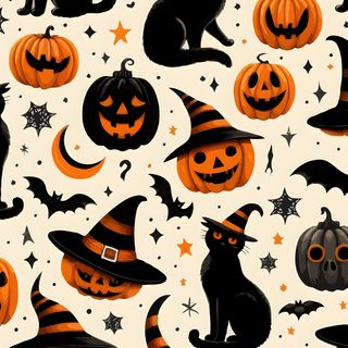 halloween seamless background with pumpkins, cats and bats in black and orange colors Halloween Fabric Cat Bones Witch And Halloween, Halloween Pattern Ideas, Spooky Halloween Projects, antique white