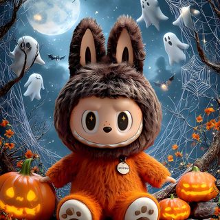 a teddy bear dressed as a bunny sitting in front of pumpkins and ghost's Halloween Labubu Ảnh Tường Cho Điện Thoại, Dragon Kid, Canvas, Christmas, Kids, dim gray