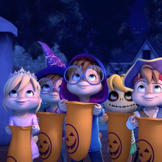 the cartoon characters are dressed up as trick - o - treaters and pumpkins Alvin And The Chipmunks Halloween Chipettes Halloween, Alvin And The Chipmunks Pumpkin, The Chipmunks Halloween, dark slate gray
