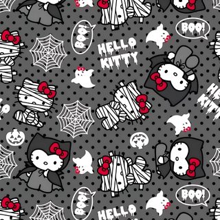 a black and white halloween pattern with skulls, spider webs, and ghost faces Spooky Halloween Hello Kitty dim gray