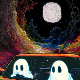 there are two ghost heads in the back of a car Hippie Halloween Dragon Ball, Vibes Art, Trippy, Cool Art, Cool Backgrounds, dark slate gray