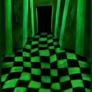 a checkered floor with green light in the middle Halloween Green Aesthetic Vaporwave Halloween, Tim Burton Themes, Glowing Green And Purple Aesthetic,