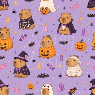 the bears are dressed up for halloween with pumpkins and bats on purple background, while one bear is wearing a witch costume Capybara Halloween silver