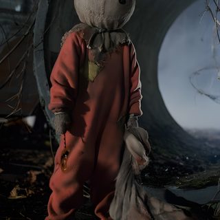 a creepy doll is standing in the woods Halloween Sam Trick R Treat Characters, Trick Or Treat Movie Sam Costume, Sam From The Movie Trick Or Treat, black