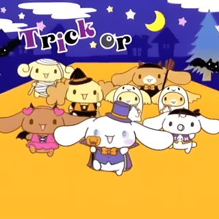 cartoon characters are standing in the middle of a field Cinnamoroll Halloween Gif Cinnamoroll Gif Fall, Cinnamoroll Halloween Gif, Hello Kitty And Friends Halloween Gif, sandy brown