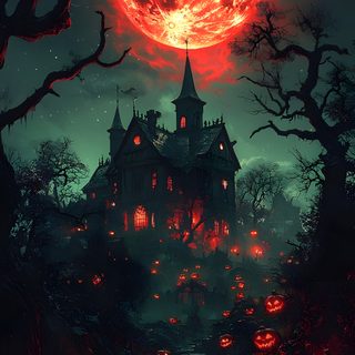 a creepy house with pumpkins on the ground in front of it and a full moon Ios 26 Halloween Iphone Iphone Scary Halloween Background, Scary Halloween, Halloween Iphone, black