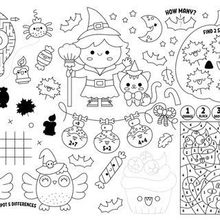 kawaii Halloween placemat for kids. Fall holiday printable activity mat with maze, tic tac toe chart, connect the dots, find difference. Black and white autumn play mat or coloring page Halloween Maze Otomi Embroidery Playmat Wallpaper, Halloween Doodle Game 2022, Halloween Doodle Games, Doodle Game Halloween, Halloween Doodle Game, Cute Halloween Worksheet Design, Halloween Doodle Sheet, Halloween Coloring Placemat, Halloween Party Activity Sheet Halloween Maze Otomi Embroidery Playmat Halloween Maze Otomi Embroidery Playmat, Halloween Doodle Game 2022, Halloween Doodle Games, white