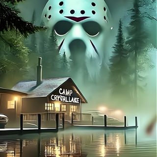 a painting of a house with a mask on it Camp Crystal Lake Halloween Jason Pictures, Jason Movie Images, Friday The 13th Background Images, dim gray
