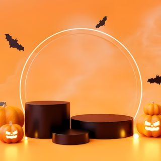 an orange background with some pumpkins and bats around the circle, on top of three pedestals Halloween Podium Autumn Background For Product Display, Halloween Podium, 3d Elegant Podium Product Placement, sandy brown