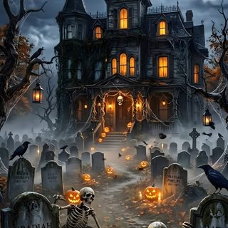 a halloween scene with skeletons and pumpkins in front of a creepy house at night Halloween Halloween Haunted House dark slate gray