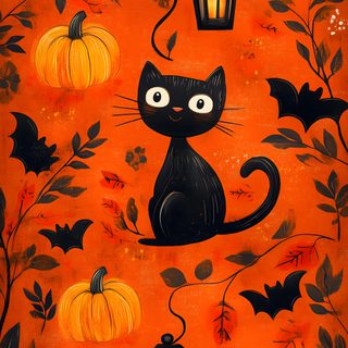 an orange background with black cats and pumpkins Halloween Cat For Walls Halloween Cat Artwork, Halloween Cat Backgrounds, Vintage Halloween Cat Illustration, orange red