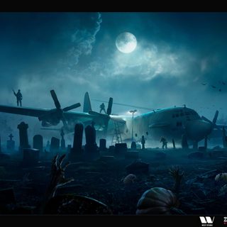an airplane sitting on top of a graveyard under a moon filled sky with people standing next to it Halloween Zombie Gunship Zombie Apocalypse Concept Art, Zombie Fortress, Zombies Concept Art, midnight blue