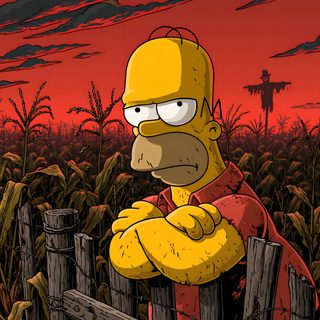 the simpsons is standing on a fence in front of a cornfield at sunset, Simpsons Halloween 4k Cool Ipad, Courage The Cowardly Dog, Oled, Lip, Arquitectura Gotica, dark slate gray