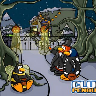 two penguins are sitting in front of a house at night, one penguin is pointing to the sky Club Penguin Halloween Club Penguin Ghost, Club Penguin Halloween Costume, Tim Burton Penguin, dark olive green