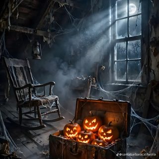 an open trunk filled with pumpkins sitting on top of a floor next to a chair Old Scary Horror Halloween black