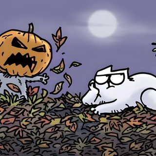an image of a halloween scene with cat and ghost in the grass, one has a pumpkin on it's head Simons Cat Halloween Hd Halloween Joe Cat, Cartoon Cat Pumpkin Art, Cat Playing With Pumpkins Illustration, gray