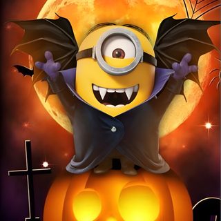 a minion sitting on top of a pumpkin with its eyes open and hands in the air Minions Halloween Minion Halloween Quotes, Minion Halloween Desktop, Minion Witch, saddle brown
