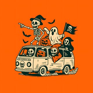 an orange background with a vw van and two skeletons on the roof, one holding a jack - o'- lantern Retro Halloween Orange Halloween Scary Aesthetic, Cool Halloween Graphics, Halloween Graphics Design, orange red