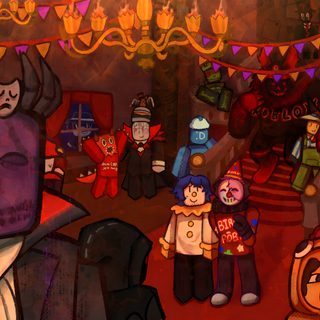 a group of cartoon characters standing in front of a stage with lights and decorations on the ceiling Forsaken Halloween Verona, Forsaken Halloween, Halloween, Funny, maroon