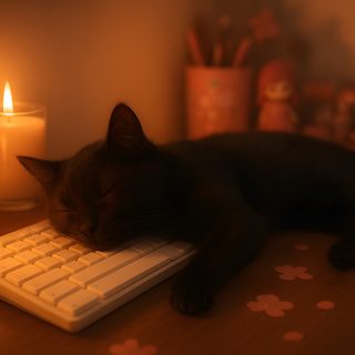 a black cat sleeping on top of a computer keyboard next to some candles and flowers Desktop Black Cat Halloween Fall Vibes, Cute Cats, Pumpkin Spice Latte, Cozy Night Desktop, maroon