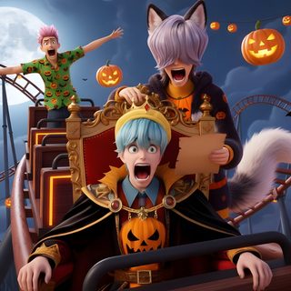 an animated image of two people on a roller coaster with pumpkins and jack - o'- lanterns Baby Saja Halloween Spicy Mystery Saja Fanart Spicy, Mystery Saja And Baby Saja Fanart, Mystery Saja And Baby Saja, dark slate gray