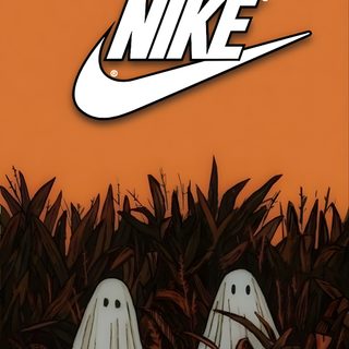 two ghost like figures in the grass with an orange background and nike logo above them Halloween Nike Creative Halloween Costume Ideas, Halloween Nike, Nike Logo With Ghosts In Cornfield, sienna