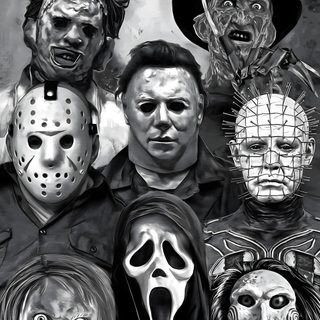 a group of people with masks on their faces Halloween Killers Halloween Films, Halloween, Horror Movie Tattoos, Photo Halloween, dark slate gray