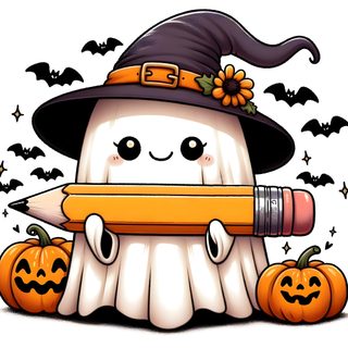 a cartoon character holding a pencil and wearing a witches hat with pumpkins around it Halloween Teacher School Halloween Clipart, Ghost Pumpkin Clip Art, Ghost Clip Art Transparent Background, white